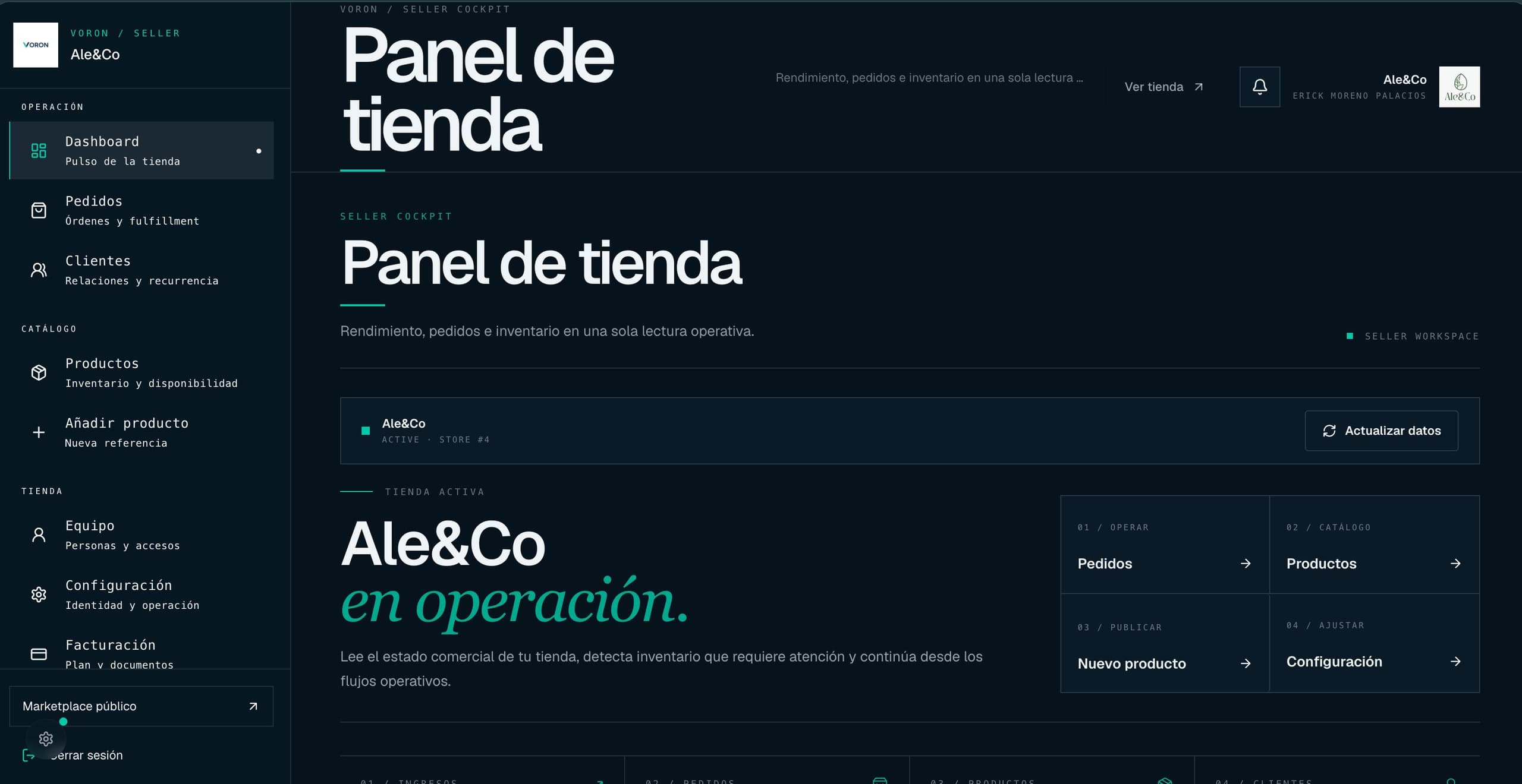 Dashboard principal de gestión de tienda