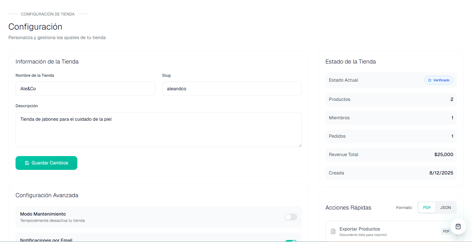 Vista de Configuración en VORON Seller OS